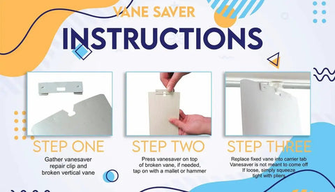 Instruction steps for using Vertical Blind Repair Clips With Curved Vane Saver For Window Blinds No Fuss Tabs Fix Replacement Slats