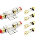 Two Pack In Line Fuse Holder For 4 And 8 Gauge Wiring With Four 100 Amp AGU Fuses Beefy Car Audio Power Protector Easy Install Durable Automotive Electrical Accessory For Safe Reliable Wiring, two clear inline holders with four AGU fuses