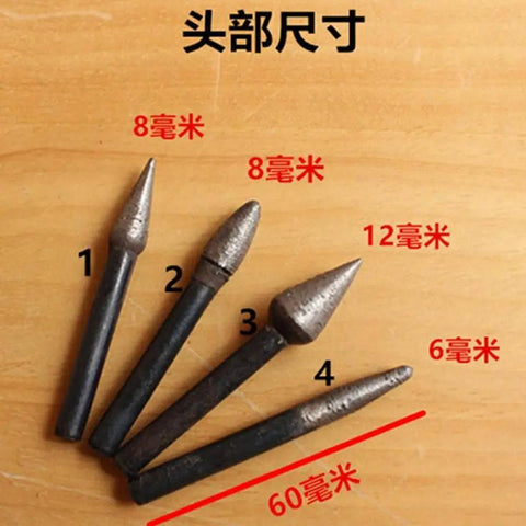 Image of four Heavy Duty Sintered Diamond Grinding Bits featuring 6Mm shanks, sizes labeled for stone carving and metal work.