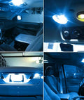 Lit Ice Blue 12V 194 W5W LED Bulb Replacement Kit, 12 Pack, showing interior map dome lights and exterior license plate illumination.