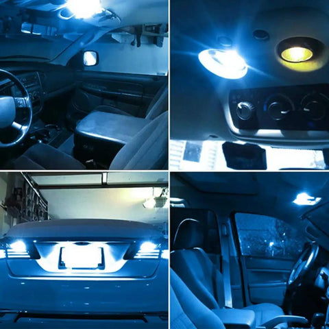 Lit Ice Blue 12V 194 W5W LED Bulb Replacement Kit, 12 Pack, showing interior map dome lights and exterior license plate illumination.