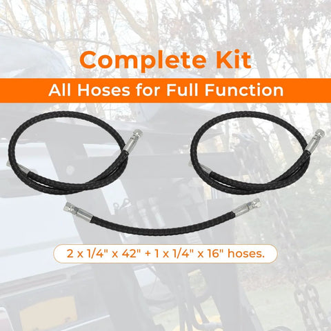 Braided black hydraulic snow plow hose set with metal fittings; includes two 1/4x42 and one 1/4x16 inch hoses