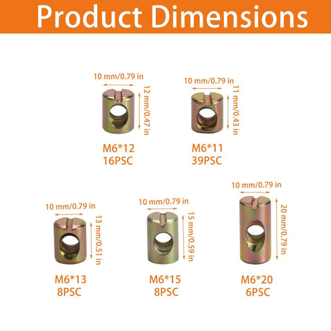 Dimensions of M6 barrel nuts, 77-piece set for Durable M6 Barrel Nut Set With Cross Dowel Joint Nuts For Furniture Repair.
