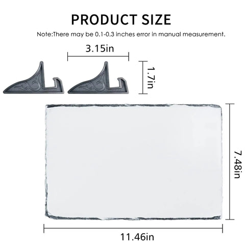 Dimensions of Two Pack 11.46x7.48 Inch Rectangle Sublimation Slate Frames With Stand, showing slate and supports, easy display.