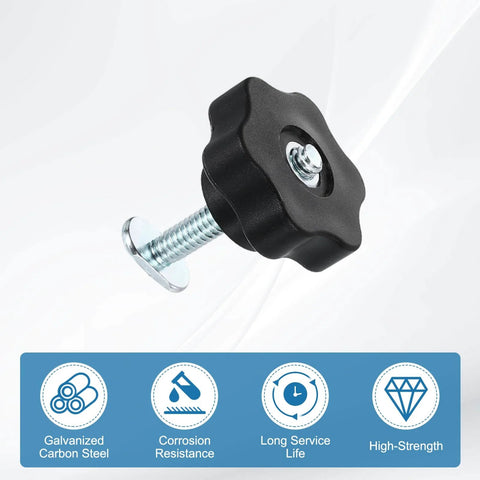 Pro Grade T Track Knob Kit With Four Star Knobs And Four Quarter Inch Twenty Threaded Bolts For Woodworking Jigs And Fixtures Drop In Sliding Bolts Accessories Silver, close-up of star knob and bolt.