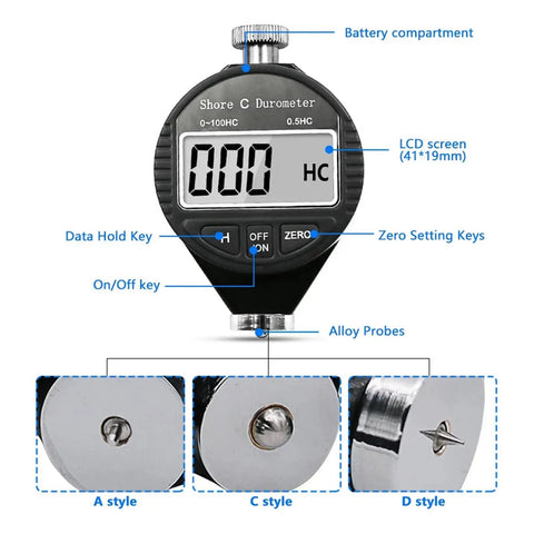 Hella Precise Electronic Digital Shore Durometer Type A D C Hardness Tester Meter showing LCD screen and alloy tips.