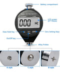 Dead Accurate Digital Shore Durometer Type A D C Hardness Tester Meter With Bright LCD Screen close-up of LCD and alloy probes