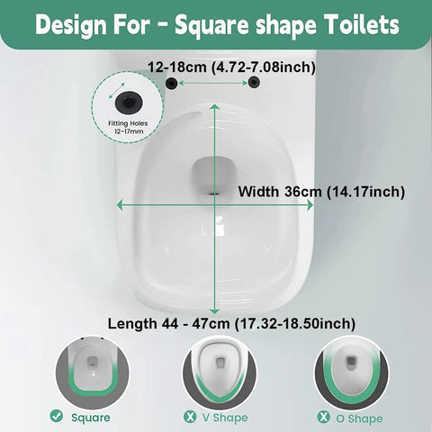 Heavy Duty Square Toilet Seat With Quiet Soft Close Hinges In Classic White showing dimensions for square shape toilets.