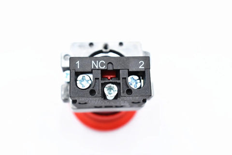 Red Mushroom Emergency Stop Button Switch 22mm NC Latching 600V 10A front view, showing durable plastic and metal construction