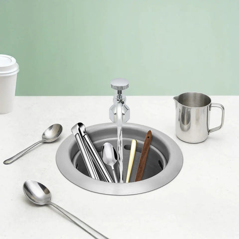 Florchest Dipper Well Faucet and Bowl Set, 7”×8.5” with stainless steel sink and utensils for washing coffee tools.