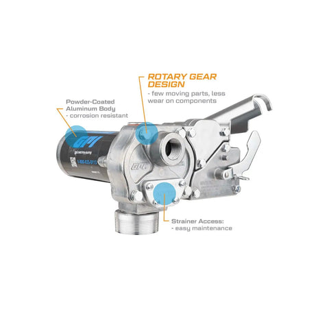 Built Tough 12V Direct Mount Fuel Transfer Pump 15 GPM For Gasoline Diesel Kerosene with powder-coated aluminum body and rotary gear design.