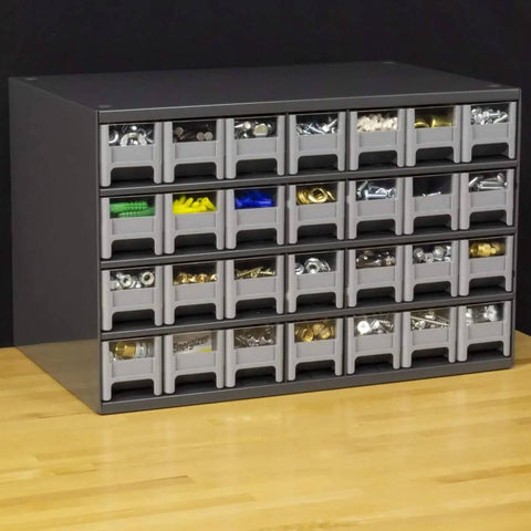 Heavy Duty Garage Storage Cabinet With 28 Drawers For Small Parts And Hardware, Built Like A Tank Steel Organizer, on workbench