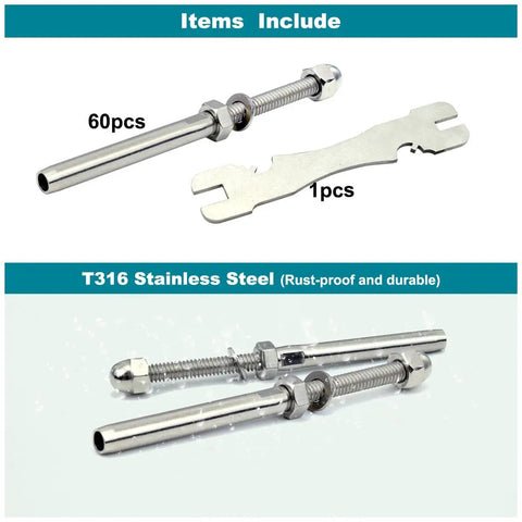 3 16 Inch T316 Stainless Steel Stud Tensioner Cable Railing Hardware Set For Wood And Metal Posts Indoor Outdoor Use showing contents
