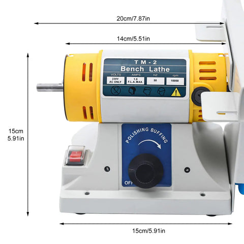 Side view of 110V Mini Table Saw Rock Polisher with dimensions, showing yellow bench lathe and polishing controls.