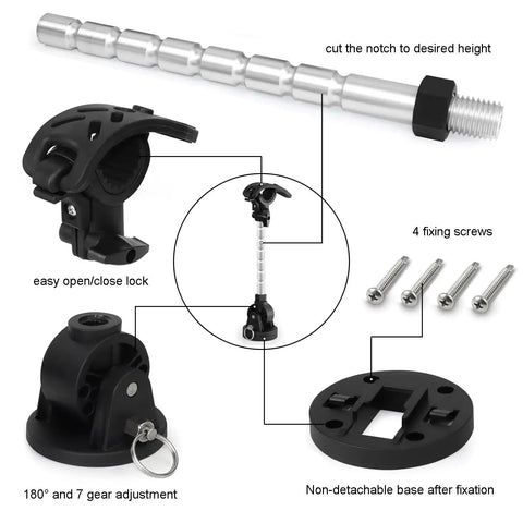 Heavy-Duty Trolling Motor Stabilizer Mount for Terrova, showing detailed parts: adjustable lock, screws, non-detachable base.