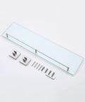 Stainless Steel Glass Bathroom Shelf 1 Tier Wall Mount Brushed Finish Rustproof, 6mm tempered clear glass, brackets, screws visible