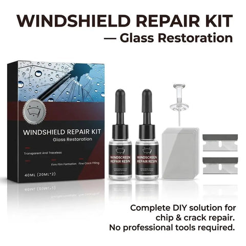 Windshield Crack Repair Kit With 2026 Upgraded Glass Repair Fluid, bottles, syringe, tools, packaging for quick fixes
