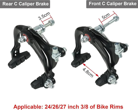 Rear and front C caliper brakes with dimensions; part of All In One Complete Front And Rear C Type Bike Brake Set With Levers And Cables.