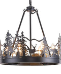 8-Light Wagon Wheel Chandelier In Black, Industrial Farmhouse pendant with forest and deer silhouettes