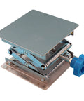 Front-angle view of stainless steel lab jack stand with a 4x4 in square top plate and blue adjustment knob.