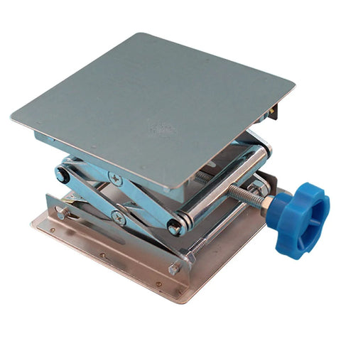 Front-angle view of stainless steel lab jack stand with a 4x4 in square top plate and blue adjustment knob.