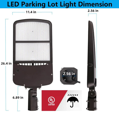 300W Outdoor LED Parking Lot Light With Slip Fitter Mount, dimensions shown for commercial flood light, UL Listed