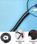 Pet Proof Spiral Cable Sleeve 22mm Black 10m with Cable Organizer Tool Set protecting cords from pets, shown on cables and wires.