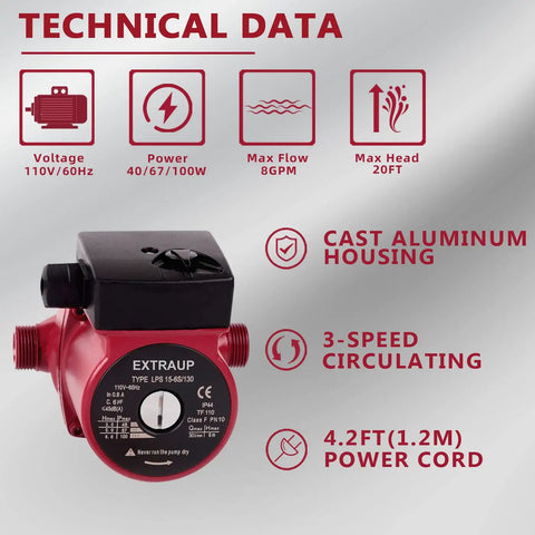 Three Quarter Inch Npt 110V Hot Water Circulation Pump 3 Speed Quiet Circulator For Home Hydronics Max Head Six Meters Flow Up To Thirty Liters Per Minute Lightweight Aluminum Housing Easy Install Low Noise with technical specifications and features.