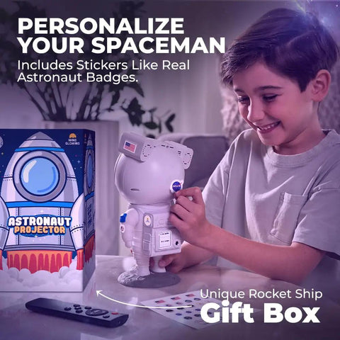 Mind Blowing Astronaut Galaxy Projector With Remote And Timer Modes in a boy's bedroom with rocket ship gift box