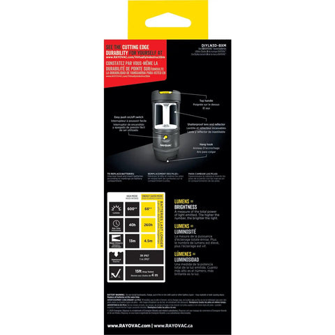 Back packaging of Ultra Tough LED Camping Lantern Flashlight With 600 Lumens Battery Powered Drop Tested From 15 Feet IP67 Waterproof Perfect