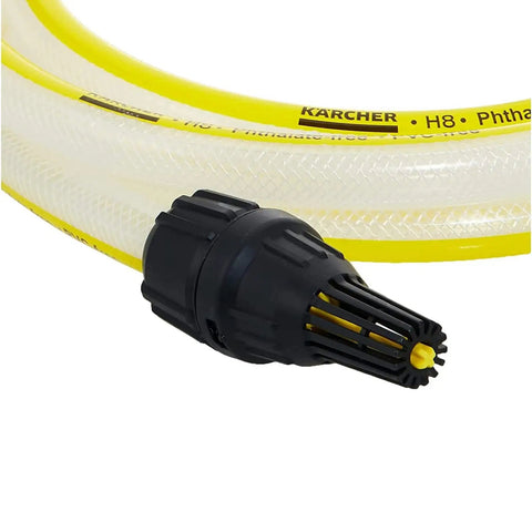 Close-up of a water suction hose with filter for electric pressure washers, showcasing yellow hose and black debris filter tip.