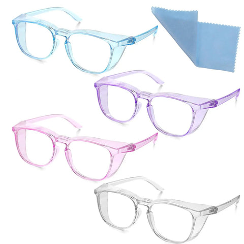 Women Anti Fog Safety Glasses Featuring Crystal Clear Protective Vision And Scratch Resistant Shields in various colors with cleaning cloth.