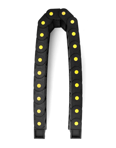 Enclosed Cable Drag Chain 25 By 77 Millimeters, 4 Pack, 1 Meter Long, showing flexible wire carrier from top view, black reinforced plastic