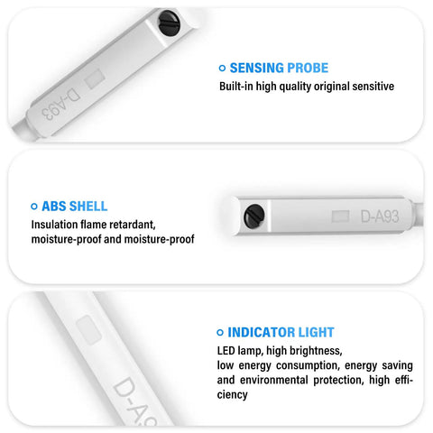 Non Contact Magnetic Induction Switch For Pneumatic Cylinders D-A93 showing sensing probe, ABS shell, indicator light details