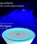 Color Changing LED Pool Light Bulb For Inground Pools 120V 40W PRO showing enhanced loop antenna over illuminated pool