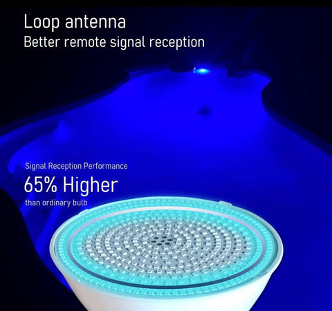 Color Changing LED Pool Light Bulb For Inground Pools 120V 40W PRO showing enhanced loop antenna over illuminated pool