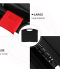 Close-up of Go Anywhere Heavy Duty Plastic Tool Box Featuring Hella Spacious Compartments With Secure Snap Latches plus black hinges.