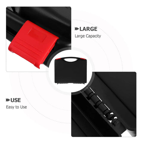 No Fuss Plastic Tool Box Organizer With Sturdy Carry Handle For Nuts Bolts And Fasteners Portable Parts Caddy showcasing large black storage case with red latch.