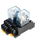 Dual DIN Rail Mounted Electromagnetic Relay Module With Socket Base 2NO 2NC Compact Power Relay For Control Systems Coil Voltage Options DC 12V DC 24V AC 110V AC 220V Great For Automation And Industrial Projects. Black relay module with two clear covers