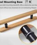 Wood Sliding Door Handle Pull With Round Pulls, Slick Wide Push Pull Entry Grab Bar For Indoor And Outdoor Doors, shown horizontally with steel mounting base.