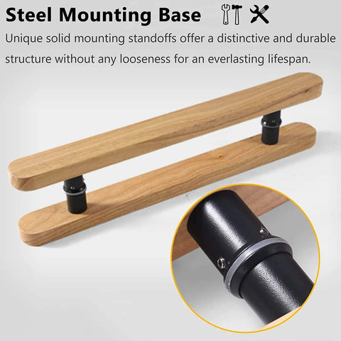 Wood Sliding Door Handle Pull With Round Pulls, Slick Wide Push Pull Entry Grab Bar For Indoor And Outdoor Doors, shown horizontally with steel mounting base.