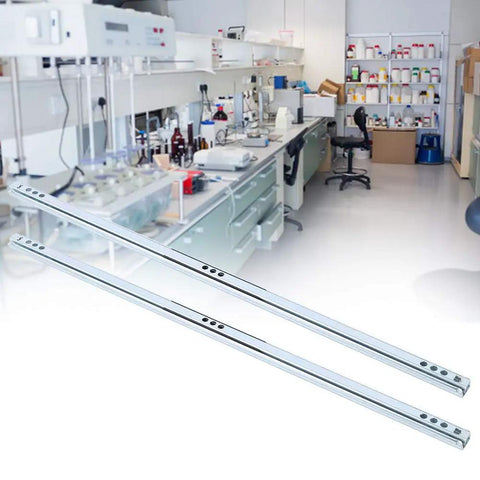 Heavy Duty 450mm Ball Bearing Drawer Slides 2 Pack Smooth Gliding Cold Rolled Steel Cabinet Rails on laboratory background.