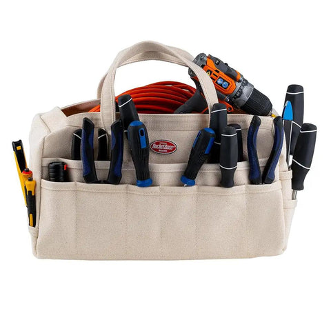 Original Rigger Bag Tool Organizer With 30 Pockets And Rigid 24 Oz Duckwear Canvas Bottom Heavy Duty Web Handles Beige Classic Rigging Tool Carrier For Construction And Trades