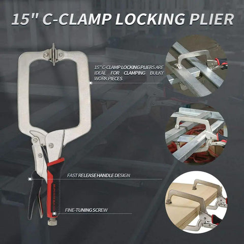Heavy Duty 15 Inch C Clamp Locking Pliers With 360 Degree Swivel Pads And Six Inch Deep Throat For Woodworking Welding