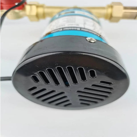 Bottom view of 120W Automatic Water Pressure Booster Pump For Home Featuring Low Noise Silent Action and One Inch Outlet.