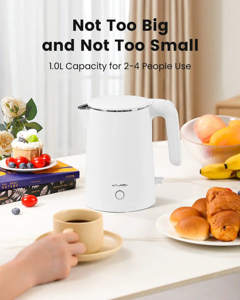 Electric Kettle Stainless Steel 1 Liter 1200W Quick Boil With Double Wall Cool Touch Design Auto Shut Off BPA Free 304