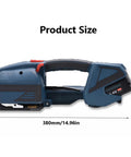 Heavy Duty Electric Strapping Machine Featuring Hot Melt Friction Lock And Rock Solid Adjustable Tension For Thick Tire Bundles and dimensions 380mm x 130mm.
