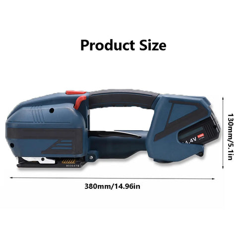 Heavy Duty Electric Strapping Machine Featuring Hot Melt Friction Lock And Rock Solid Adjustable Tension For Thick Tire Bundles and dimensions 380mm x 130mm.