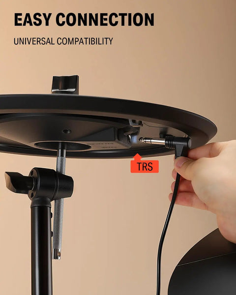 Connecting TRS cable to underside of 13 Inch Triple Zone Electronic Cymbal Crash Ride With Instant Mute Choke