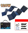 Tailgate Ready 120W Foldable Solar Panel Bag With USB And DC Ports For Camping Trails RV Adventures And Emergency Backups, showing panels and accessories.